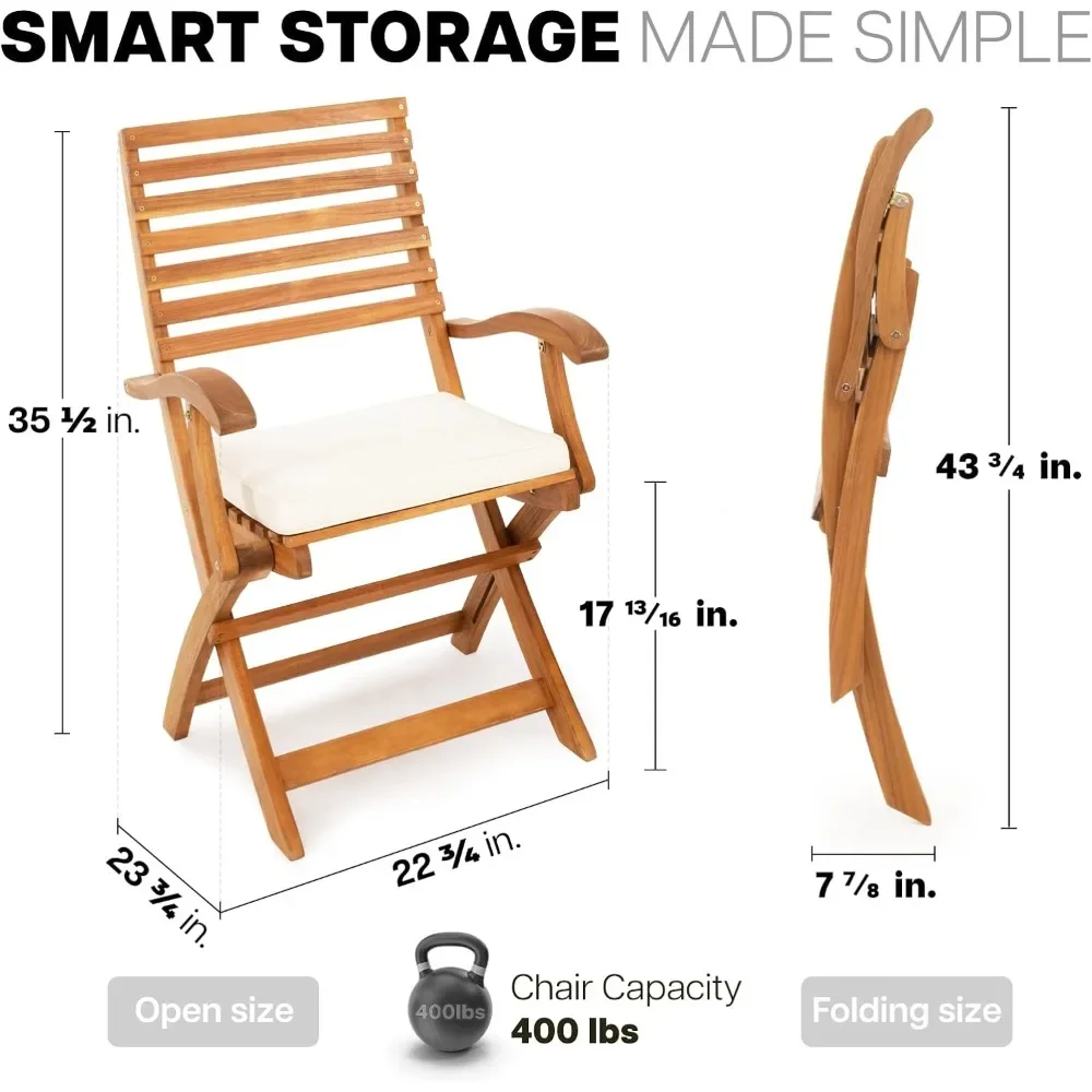 Percy Chairs Heavy Duty 400lbs Capacity Set of 2 with Cushion,Outdoor Furniture,Teak Finish,Fully Assembled,Wood Folding Beige