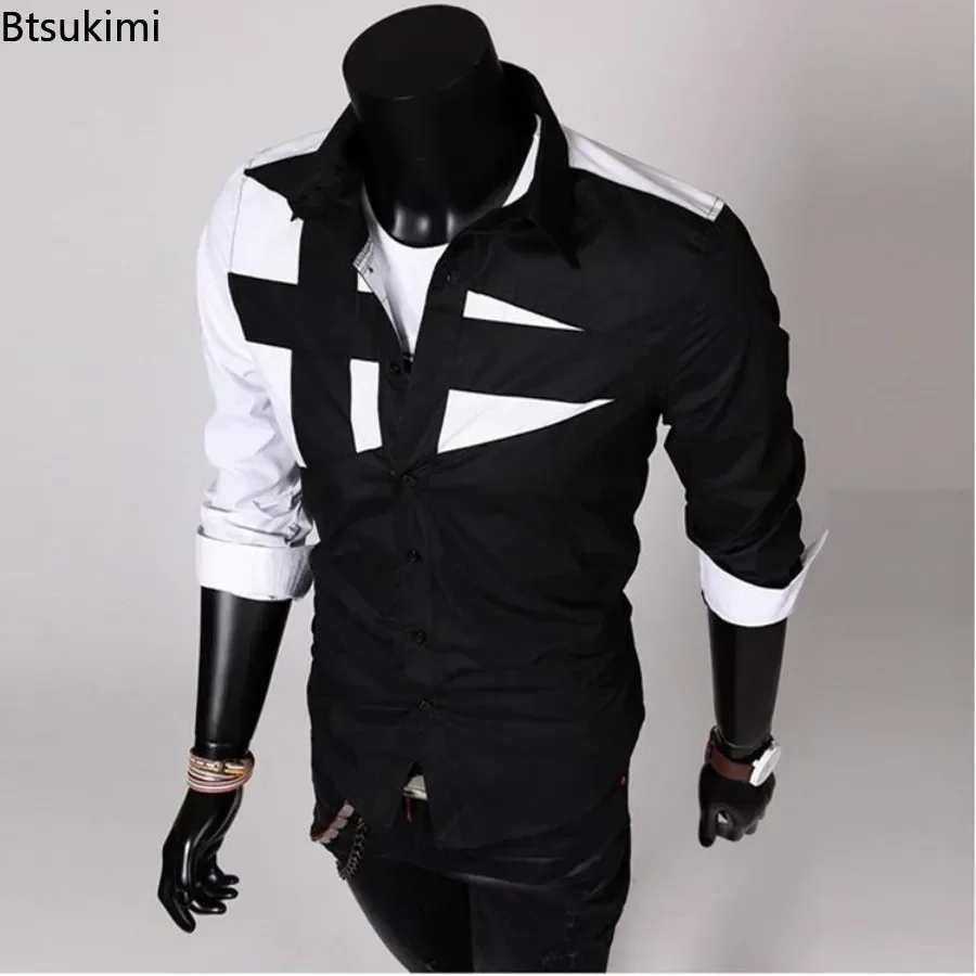 

2025 Men's Long Sleeve Casual Shirts Fashion Contrast Color Design Single-breasted Lapel Blouses Simple Slim Men Social Shirts