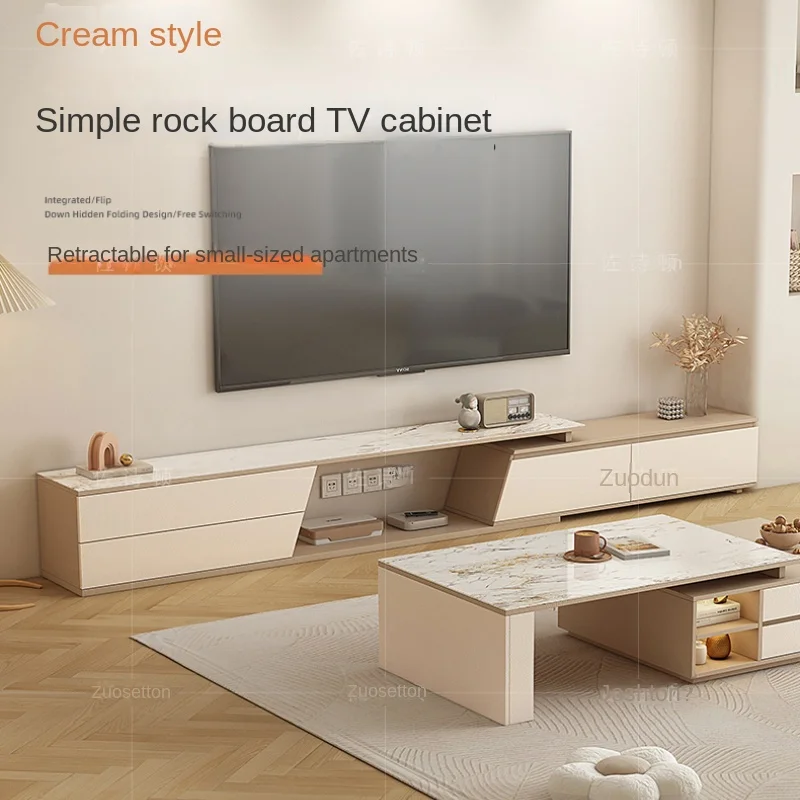 French style cream wind rock panel TV cabinet with concealed sockets, floor to ceiling modern  retractable storage platform