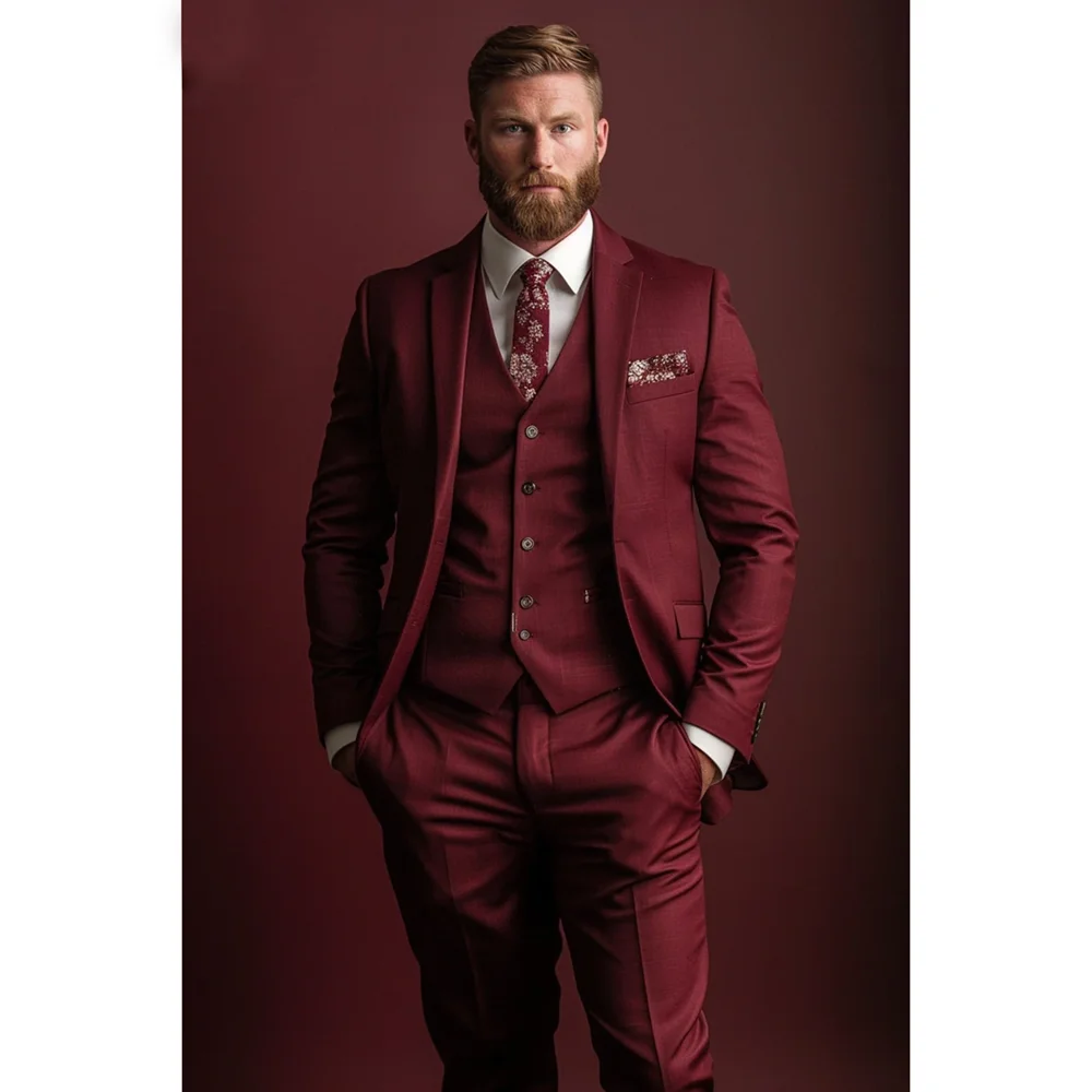 Men Suits Burgundy Fashion Single Breasted Notch Lapel Outfits Groom Wedding Party Business Casual Office Male Suit 3 Piece