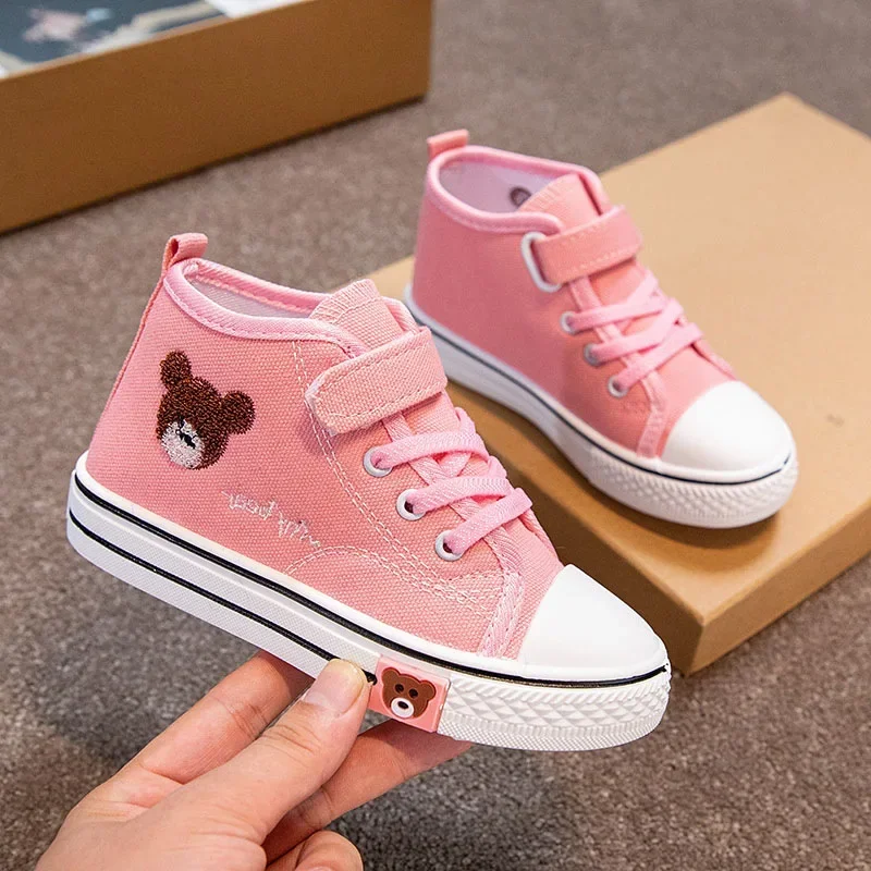 Four Seasons Children\'s New Fashion Canvas Shoes Boys Bear Print Casual Shoes Girls Lace-up Soft Bottom Flat Shoes Kids Sneakers