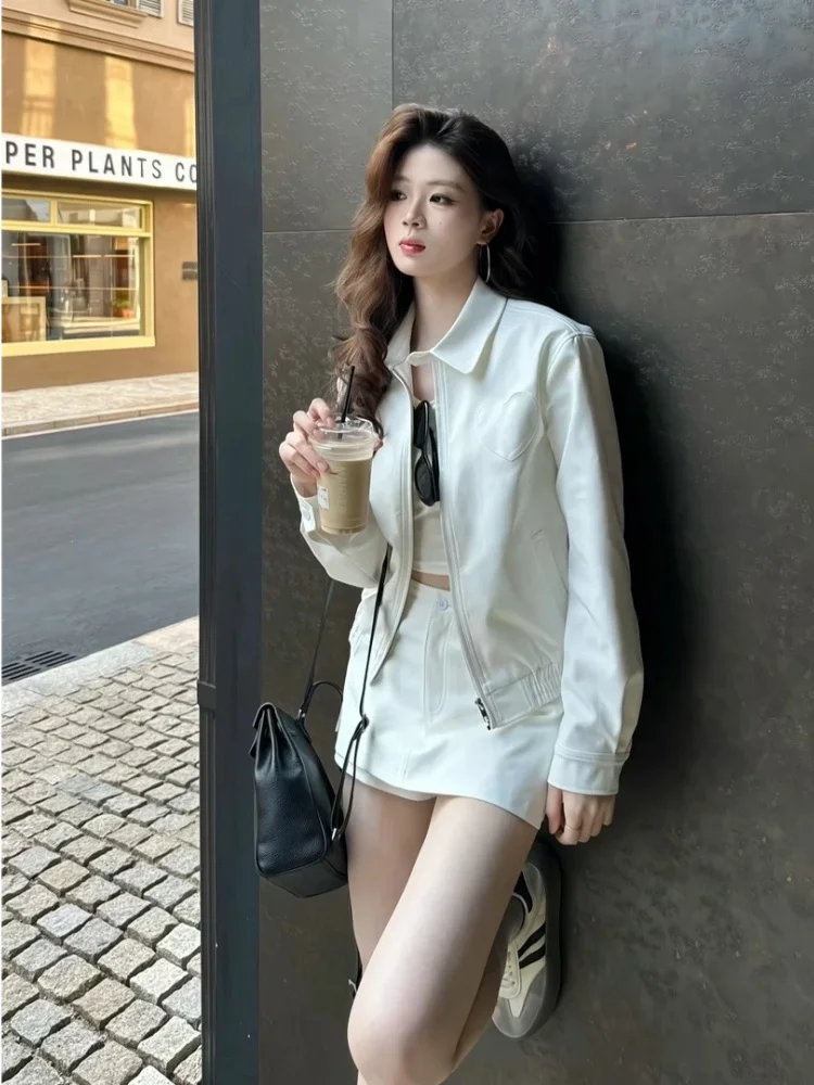 

White ort Jaet Women's A-Line Skirt Ele Autumn Two-Piece Set High Waist Zipper Long Sve Flip Collar Faionable