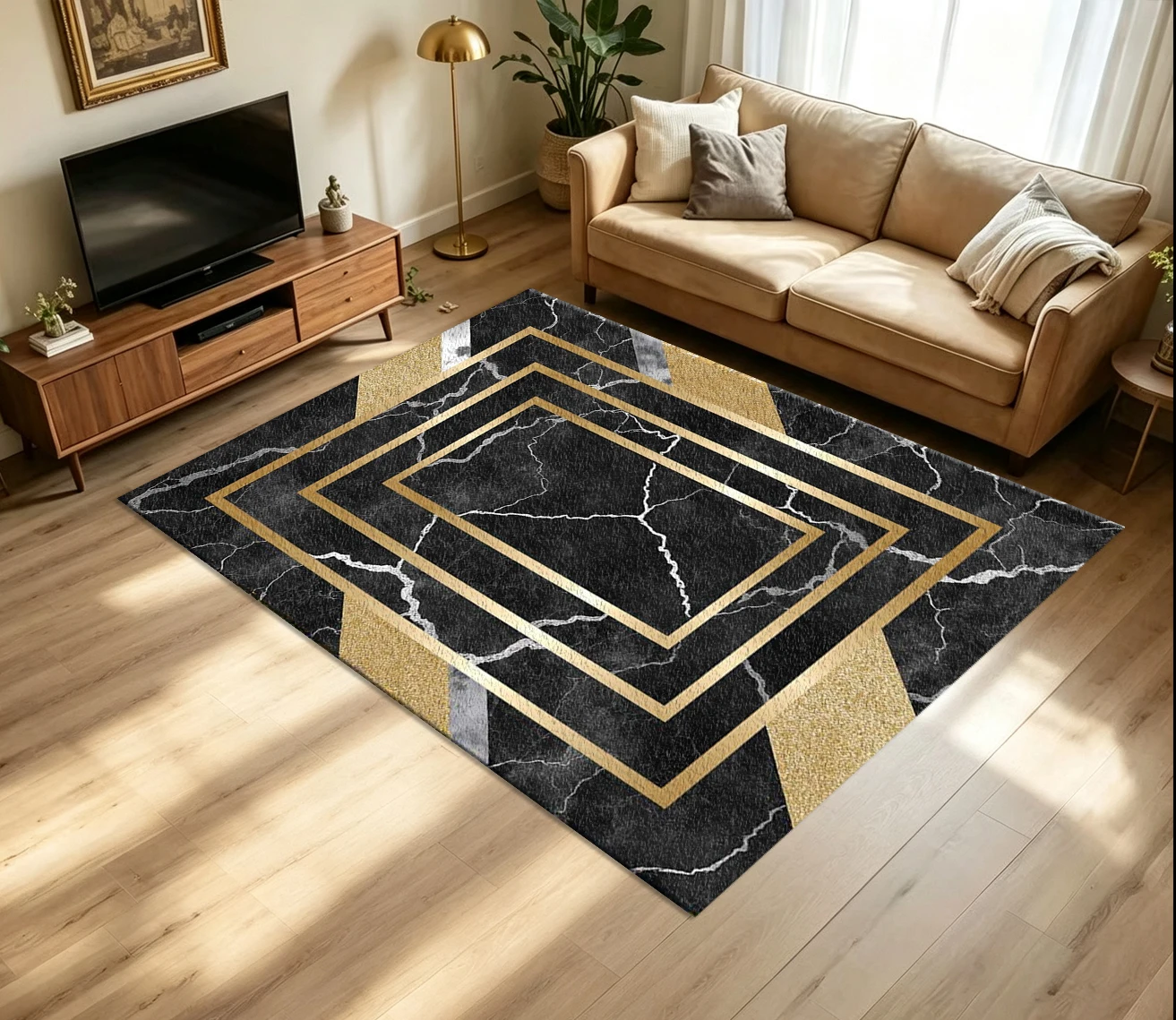 Luxury Black Marble Gold Geometric Frame Carpet Flooring Modern Glitter Metal Rectangle Border Texture Art Pattern Printed Floor Rug for Household Indoor Glam Home Decoration