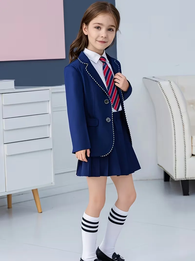 Children pring Autumn Kindergarten Uniforms Girls British College Style 3piecs Shcool Clothes Set Including Blazer Skirt Tie