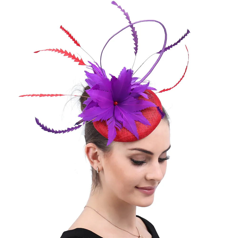 

New Red Bases Hair Accessories Elegant Fascinator Classic With Fancy Purple Feather Headwear Hair Pins Cocktail Party Hair Clips