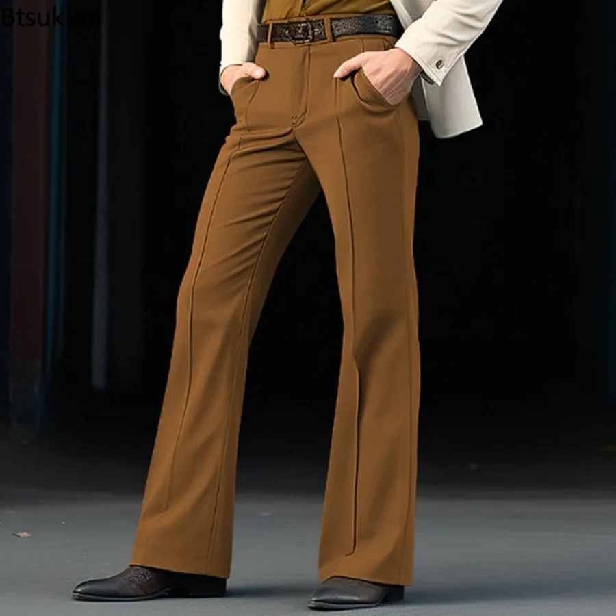 Men's Formal Diagonal Elastic Slim Fit Flared Pants Solid Basic Stretch Trouser Buttons Up Business Pants for Wedding Party Club