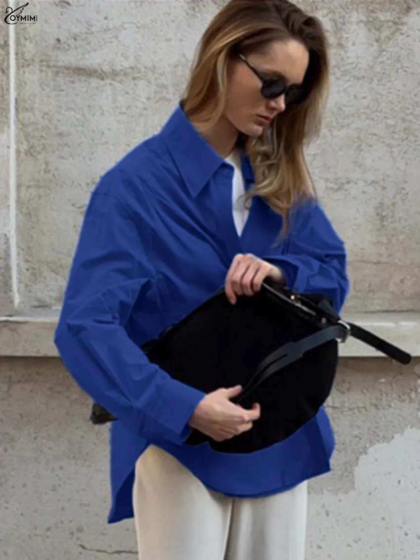 Oymimi Camicia da donna elegante in cotone blu Moda Colletto rovesciato Camicie a maniche lunghe Casual Camicette monopetto solide Donna