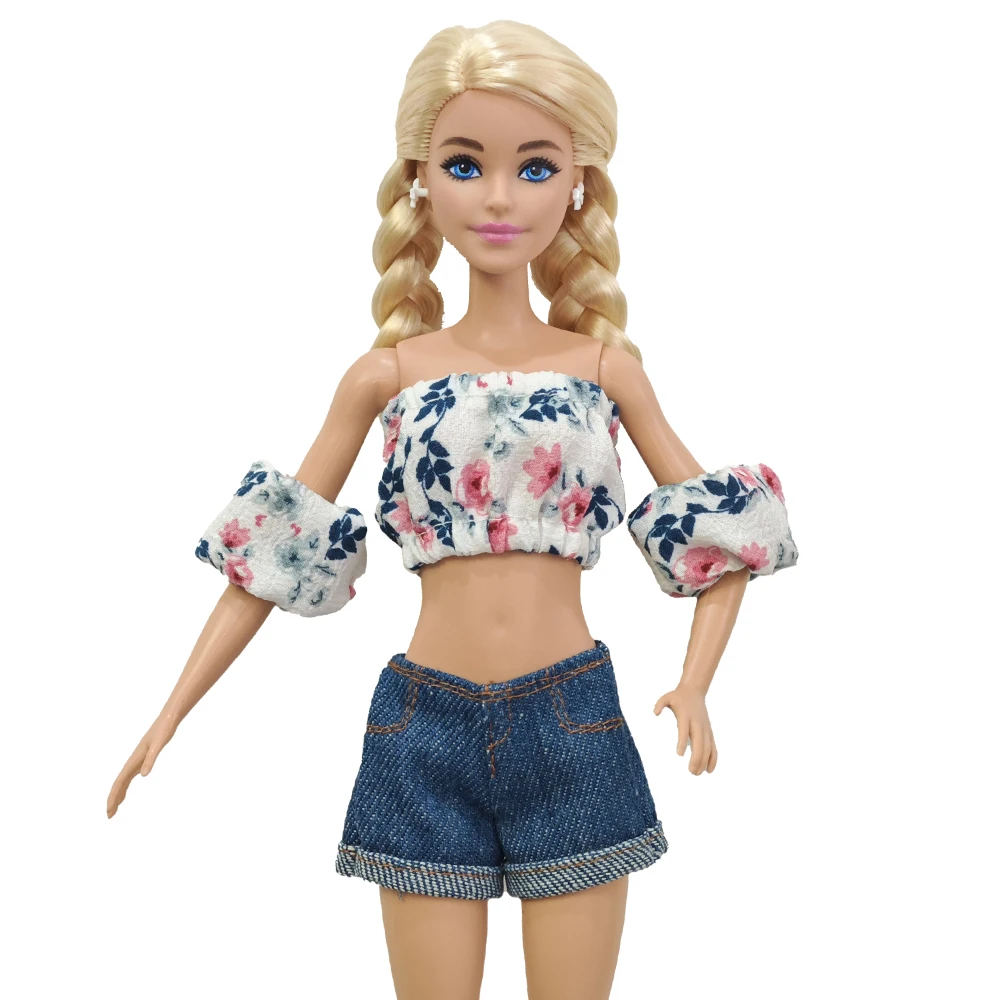 Doll clothing  30cm 1/6 Short sleeved pants, denim shorts floral topDaily Wear Accessories Clothes for Barbies doll