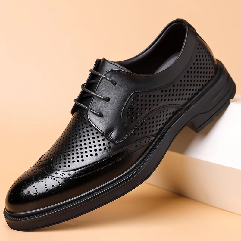 

Summer New Leather Shoes Men's Business Hollow Holes Soft Bottom Men's Sandals Formal Wear Breathable Office Dress Shoes for Men