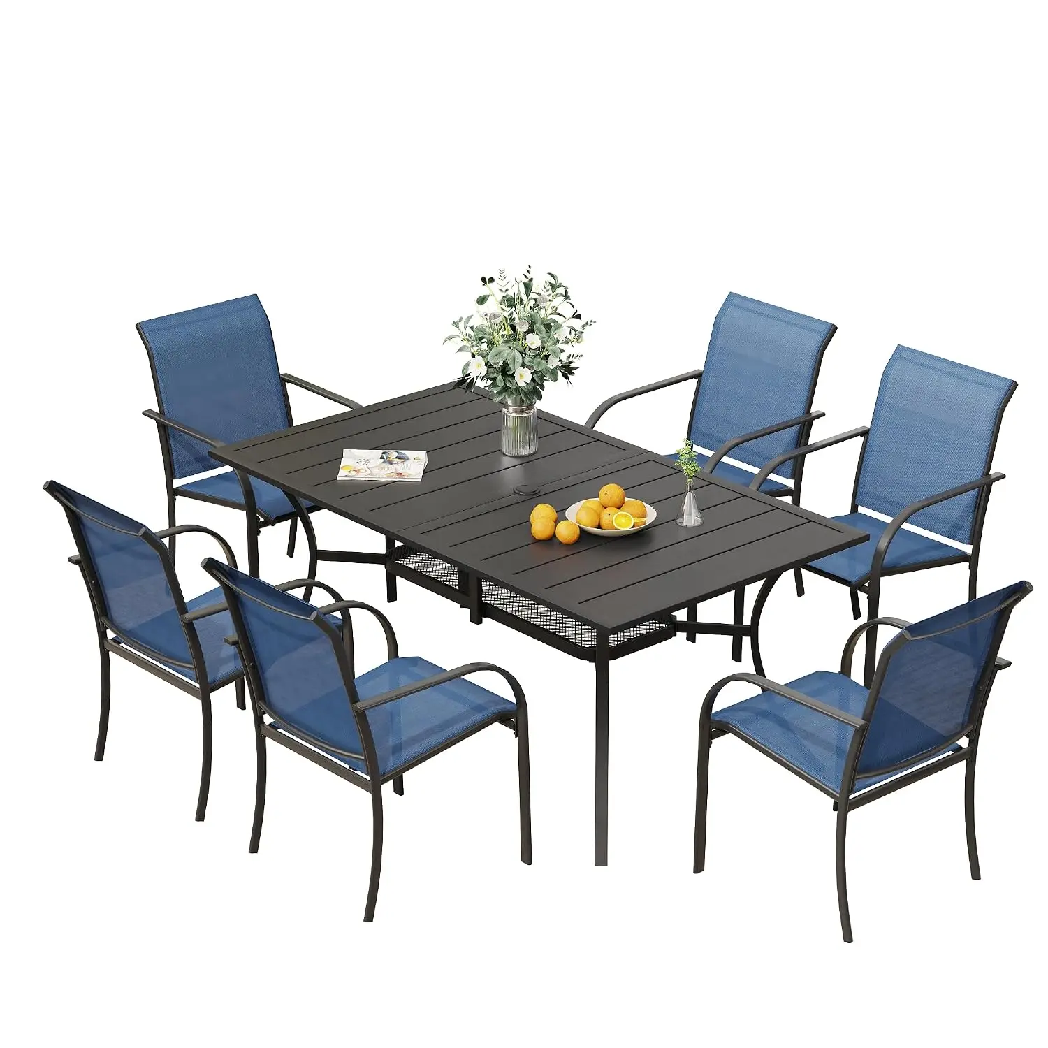 Patio Dining Set 6 Stackable Metal Chairs & Table with Umbrella Hole for Backyard Garden Lawn, Customized