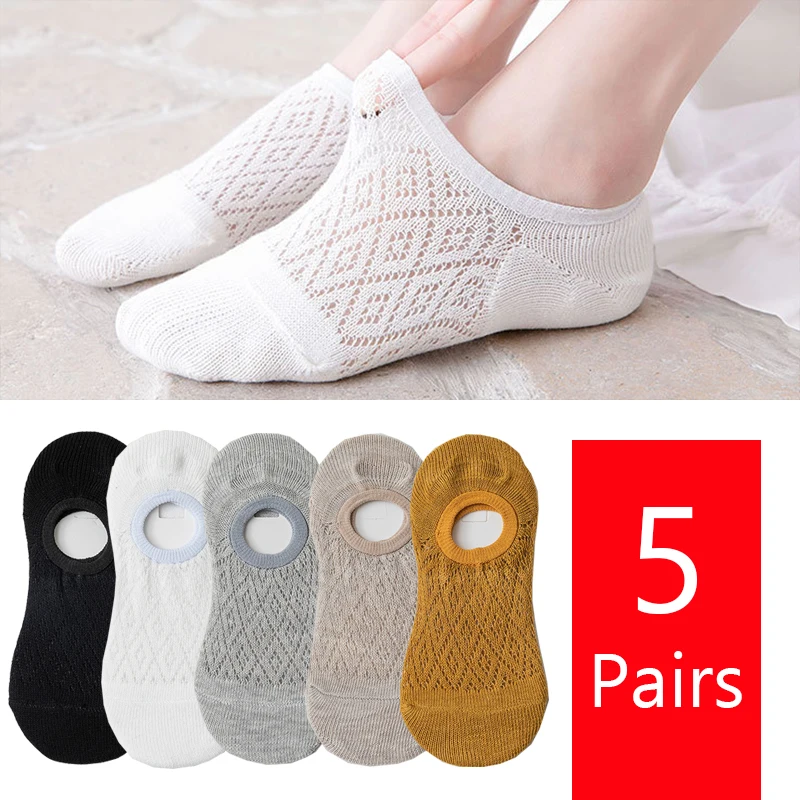 5 Pairs/Set 4 Pairs Breathable Mesh Ankle Boat Socks Women Silicone non-slip invisible Summer Spring Cotton Slipper No show Sock