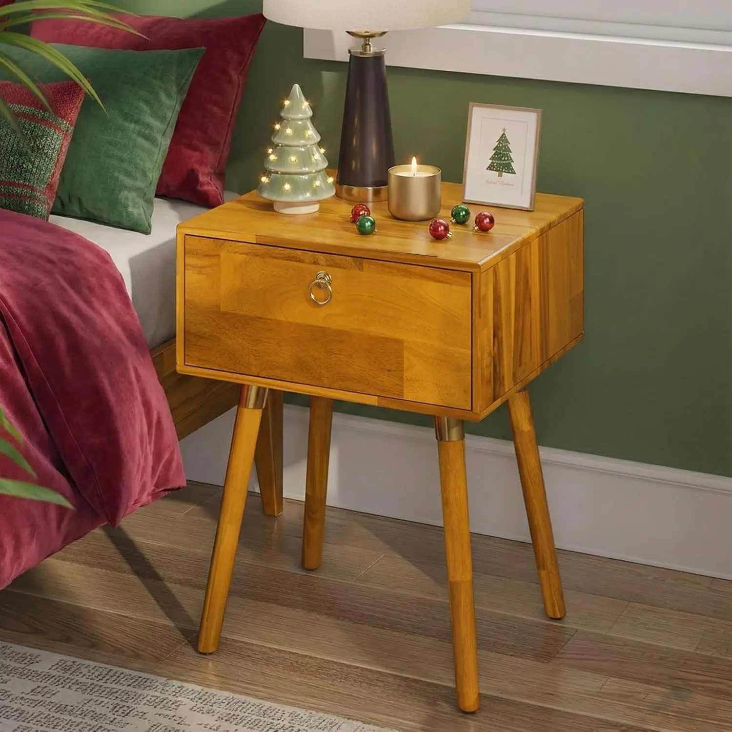 

Alden Solid Wood Nightstand/Side Table/End Table, Fully Assembled, with 1-Drawer for Mid Century Bedroom and Living Room, (12