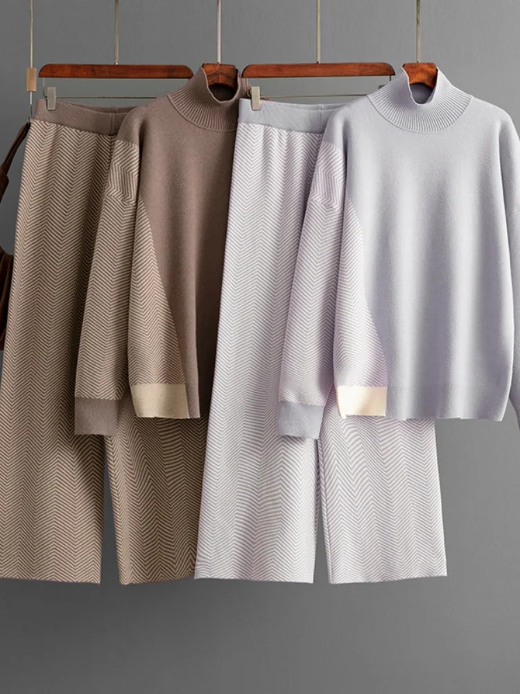 Women's new fashionable contrasting color semi high neck loose knit top wide leg pants two-piece set