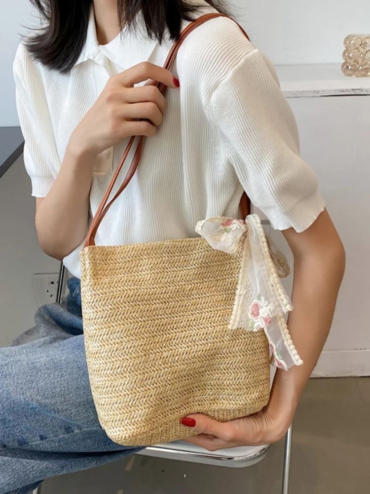 

Fashion Lace Bow Straw Bag Women'S Designer Woven Bucket Shoulder Bag For Woman Summer Simple Casual Beach Handbag Female 2022