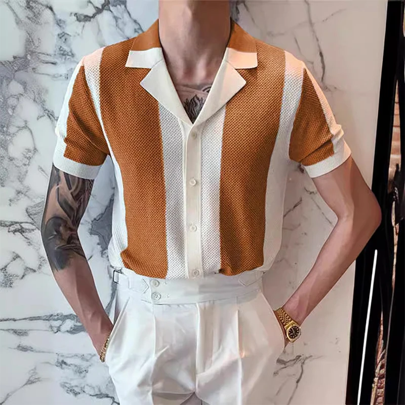 Knitwear Mens Slim Knit Shirts Vintage Striped Contrast Color Knitted Cardigan Men Tops Summer Short Sleeve Button Lapel Shirt