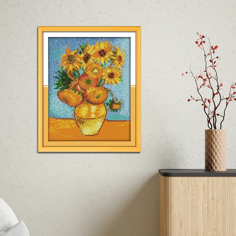 Van Gogh’s Sunflower Painting Cross Stitch Kit Counted Printed Fabric 16CT 14CT 11CT Hand DIY Sewing Embroidery Sets Home Decor