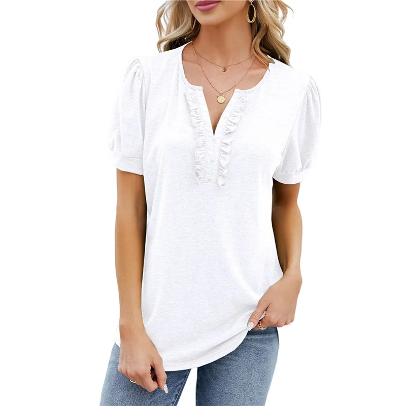 CYL-Tops a tunica da donna T-shirt casual a maniche corte con scollo a V Camicette estive con maniche a sbuffo e volant