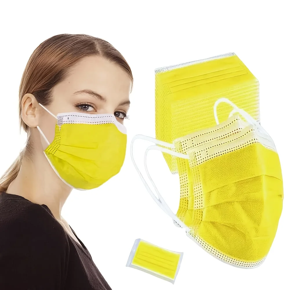 200 unidades de máscaras protetoras descartáveis amarelas – 3 camadas espessadas, respiráveis e confortáveis, presilhas para os ouvidos ajustáveis e almofadas nasal encaixe confortável - 200/100/50/10 peças, baratas pa