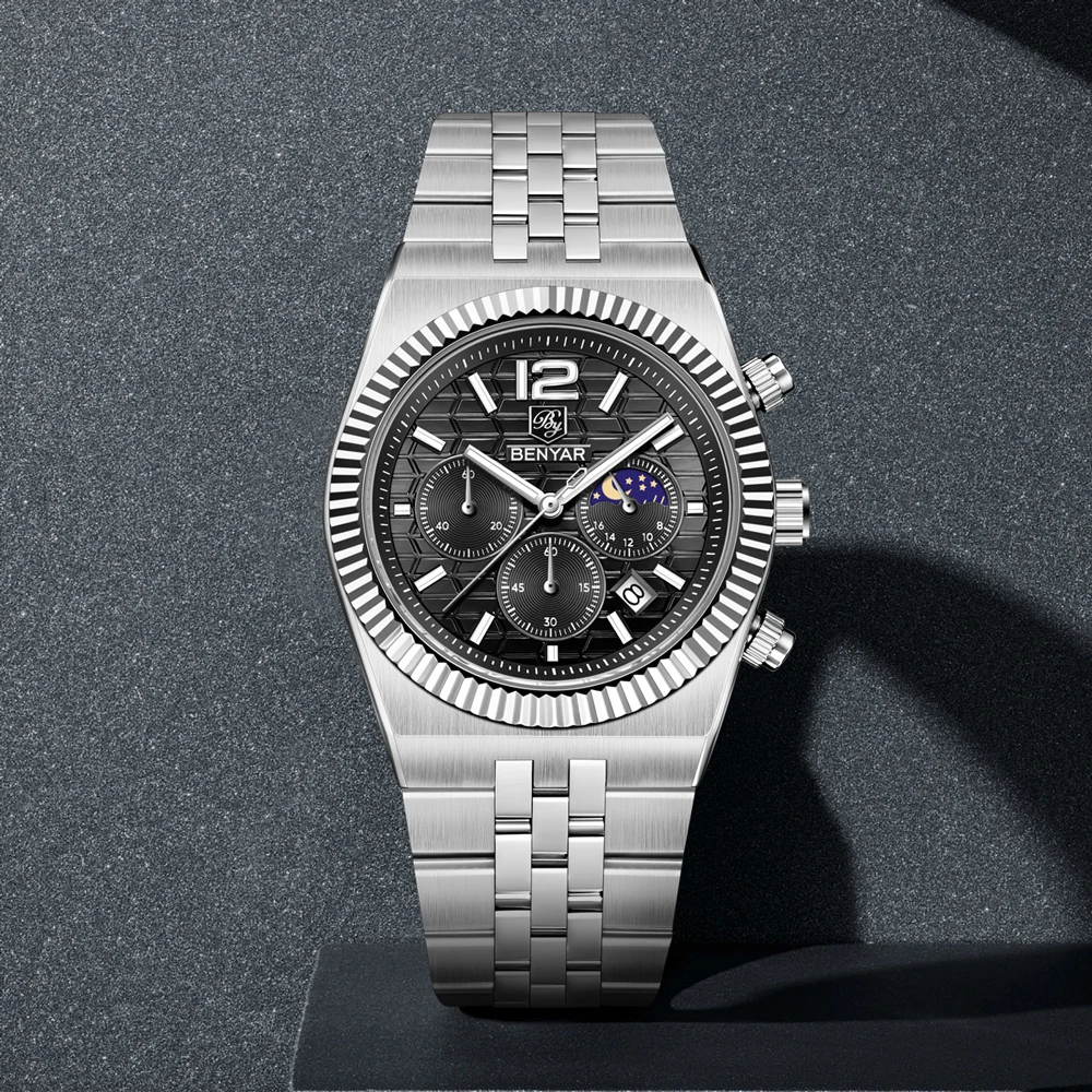 

Новинка 2022, мужские часы BENYAR, роскошные кварцевые часы с хронографом для мужчин, водонепроницаемые часы из нержавеющей стали с фазой Луны, подарочные мужские часы