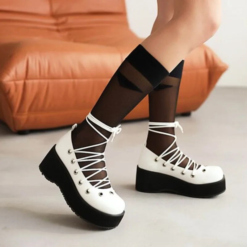 

Туфли Лолиты на танкетке больших размеров, туфли на высокой платформе с милым бантом и ремешком на щиколотке, вечерние туфли-лодочки для косплея, весенне-осенняя модная одежда, розовый, черный