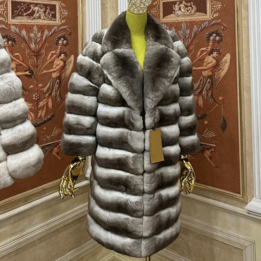 Women's Long Real Fur Coat Winter Genuine Rex Rabbit Fur Jacket Chinchilla Colored Fur Coat Luxury Best Selling