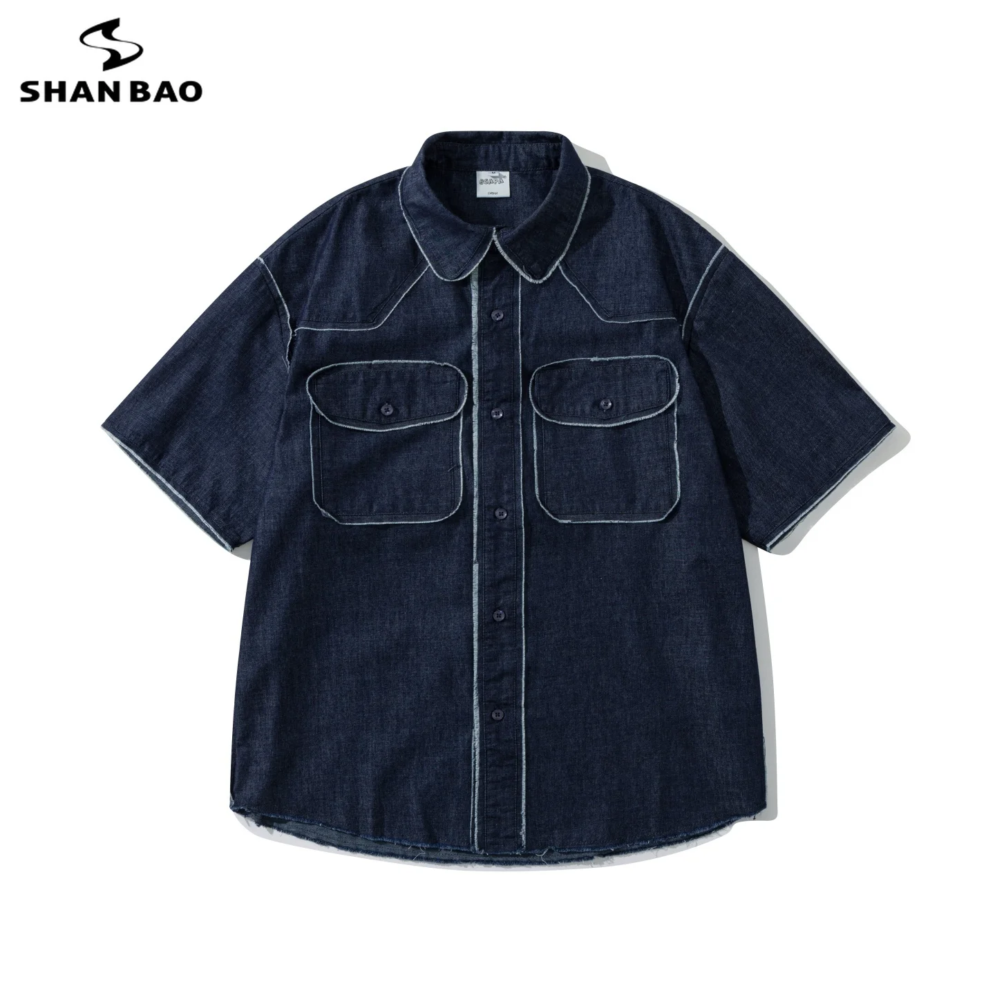 

SHAN BAO summer brand retro Harajuku Japanese style loose denim shirt men and women casual baggy oversized short-sleeved shirt