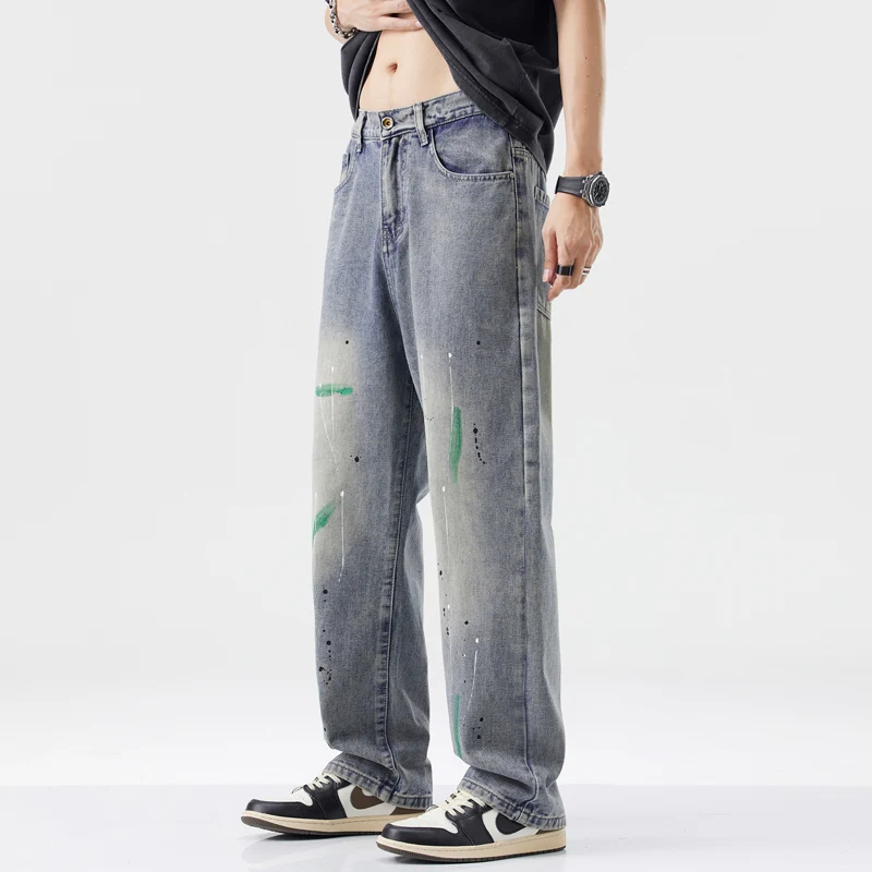 

Fashion Paint-dot Vintage Jeans Men Personalized Splash-ink Distressed Elastic Waist Baggy Straight Denim Trousers Streetwear