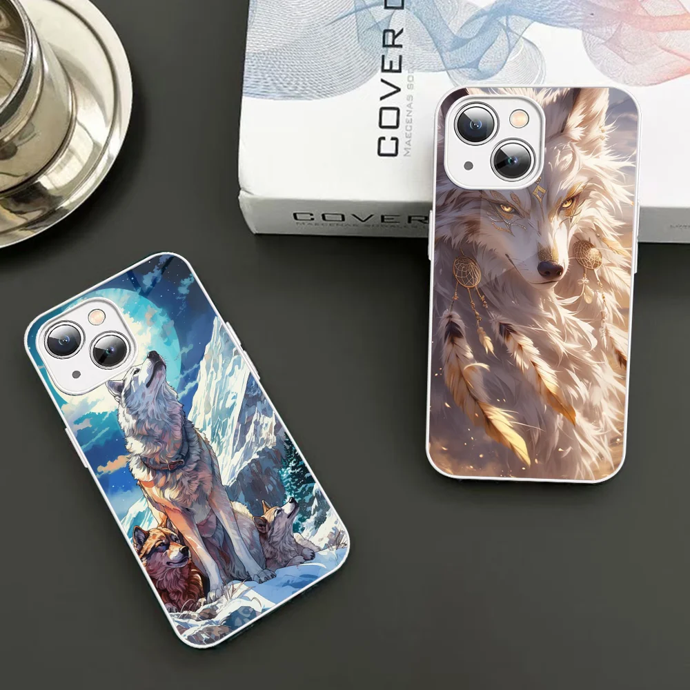 

White Wolf Black Wolf Animal Print Phone Case Tempered Glass For Iphone 14 13 12 11 Pro Mini XS MAX 14Plus X XS XR Fundas