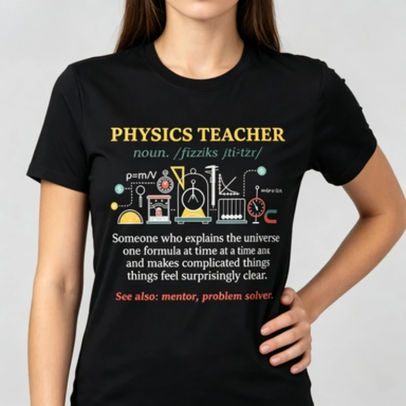 Women  T-Shirt Physics Teacher Definition Funny Science Graphic Casual Short Sleeve Tee For Teachers Students Physics Lovers