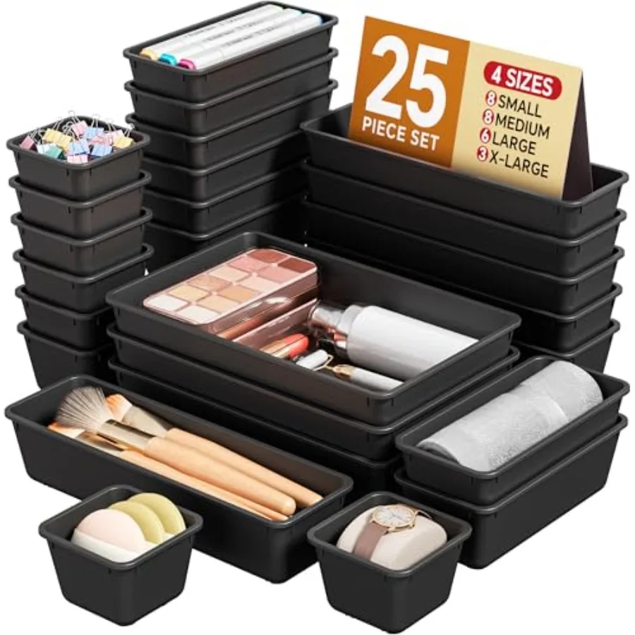 

25 PCS Plastic Drawer Organizers Set, 4 Sizes Vanity Organizer, Makeup and Desk Drawer Organizer Trays, Organization and Storag