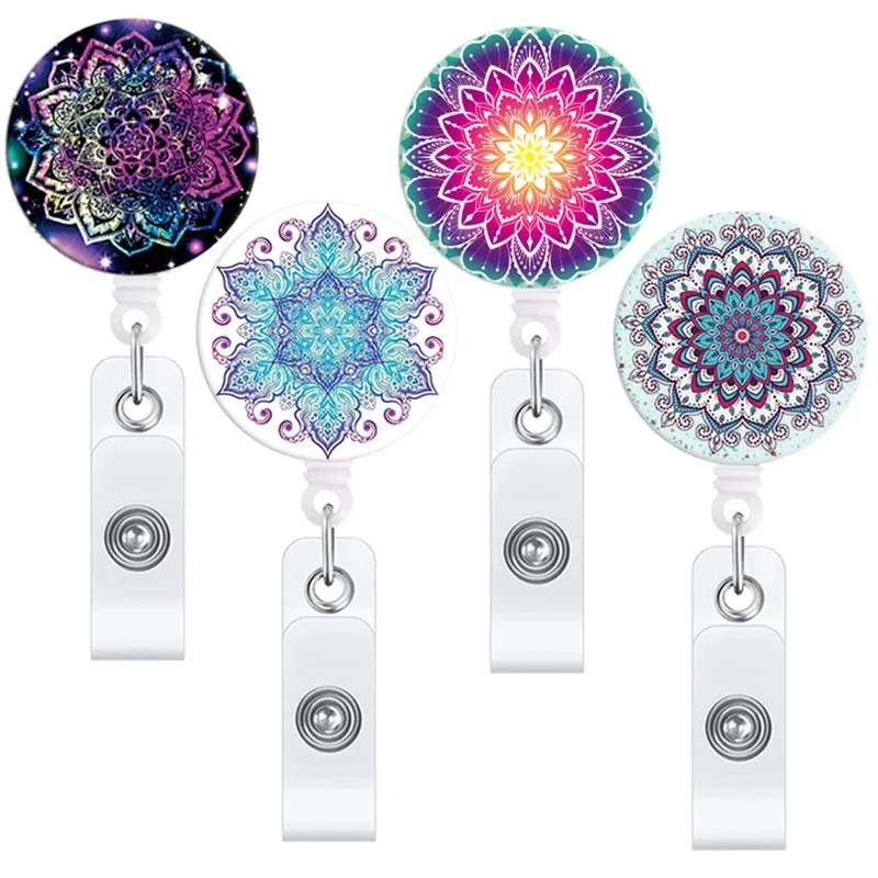 Mandala Flower Retractable Buckle Nurse ID Card Badge Holder Porta Credencial Worker Medical Card Holder Telescopic Keychain