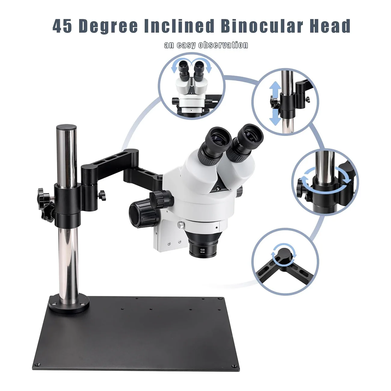 7X-45X Stereo Microscope for Jewelry with 0.5X-2.0X Lenses, WF10X Eyepieces, Articulating Stand, 60-LED Light