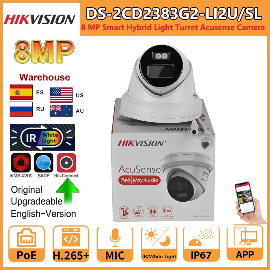 Hikvision 8MP IP Camera DS-2CD2383G2-LI2U/SL Smart Hybrid Light Arrayed Mic Speaker Turret Acusense Strobe Light Audible Warning