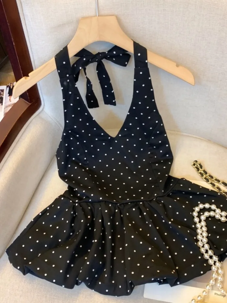 

Новинка: Женский летний тонкий топ-халтер с V-образным вырезом и точечным узором для повседневной носки