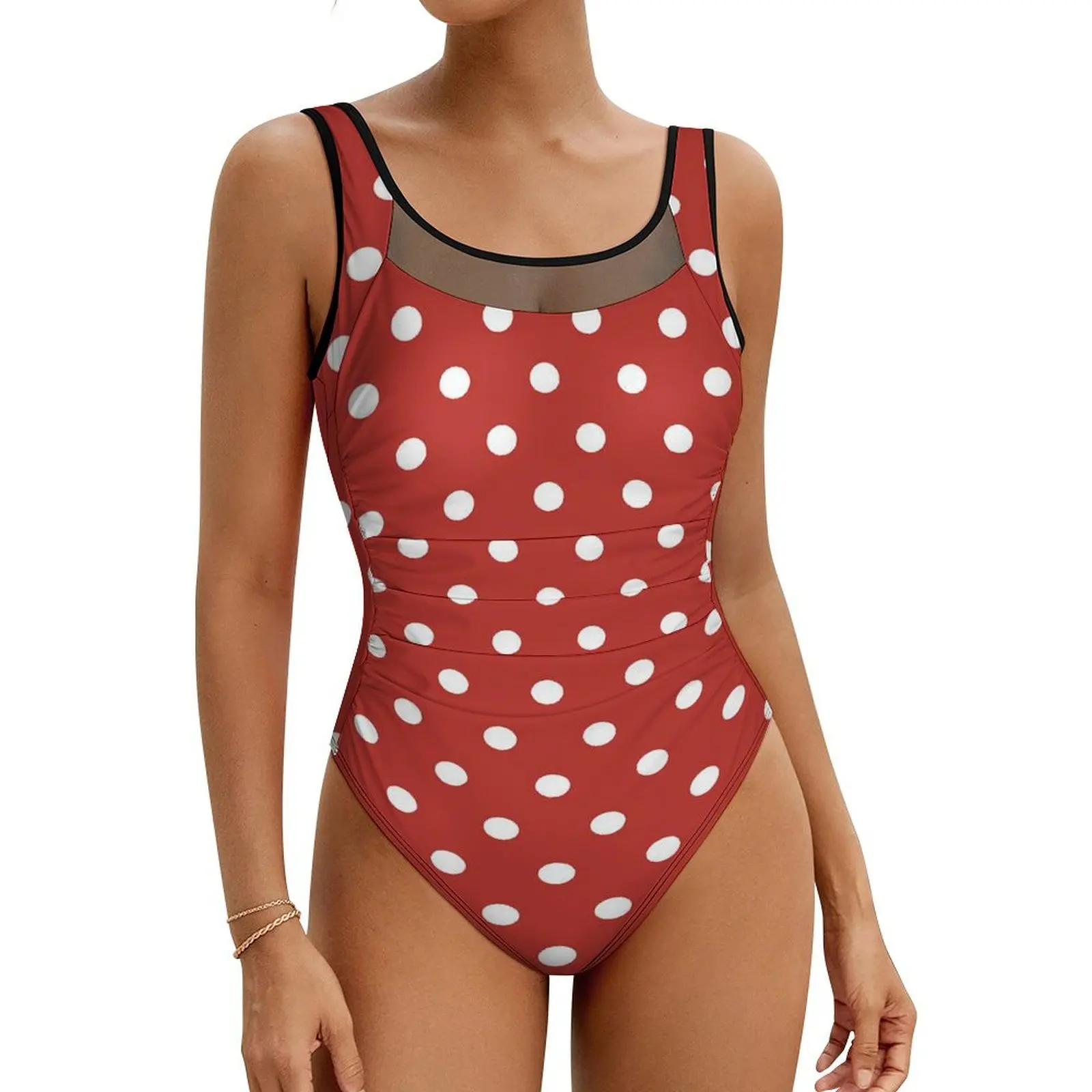 

Retro Polka Dots Swimsuit Red And White Swimwear One-Piece Sport Bodysuit Hollow Out Monokini Women Push Up Sexy Beach Outfits