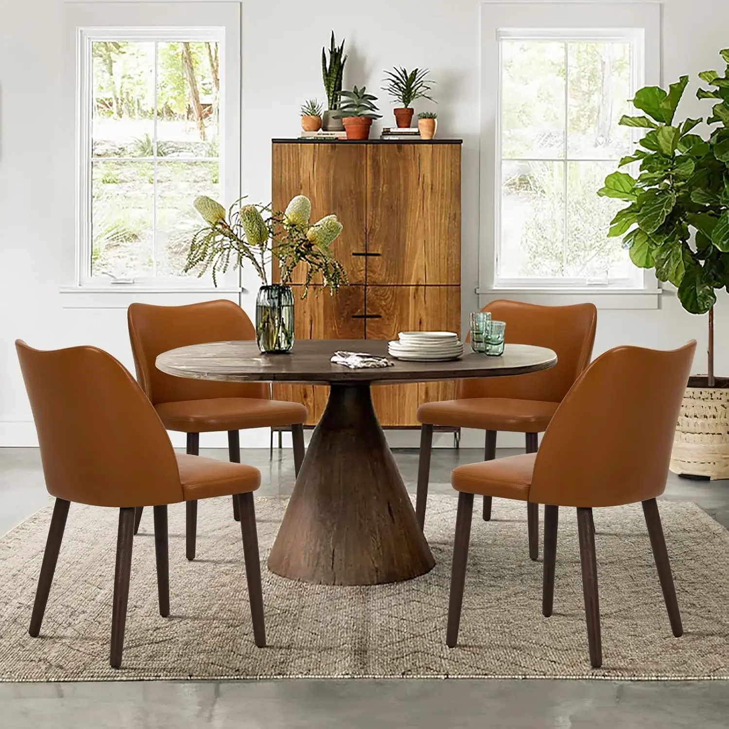 Upholstered Dining Chairs Set of 4 Modern PU Leather Dining Room Kitchen Side Chair with Padded Seat Wood Legs Light Brown