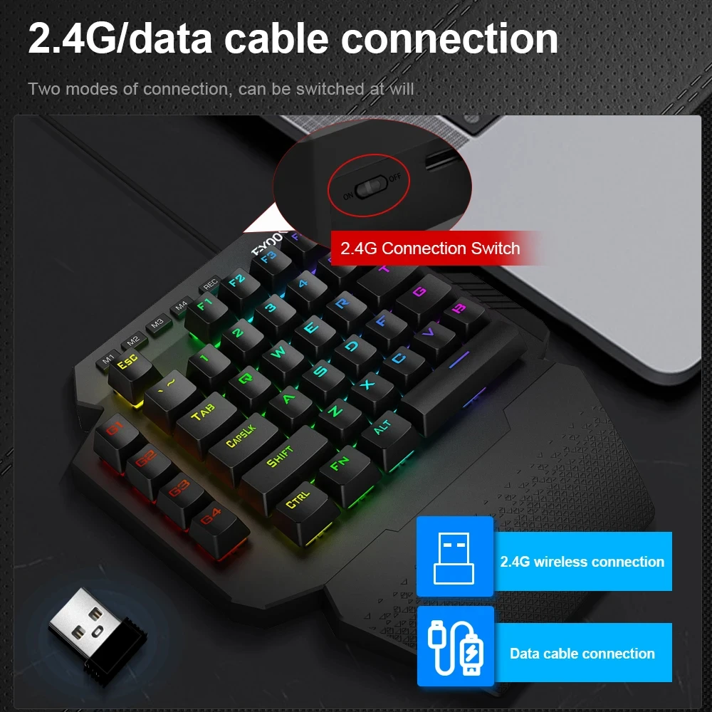 HUOJI EYOOSO Wireless One-Hand Gaming Keyboard, RGB Backlit with 8 Macro Keys for FPS/MMO Games, Ergonomic PC Gaming Keypad