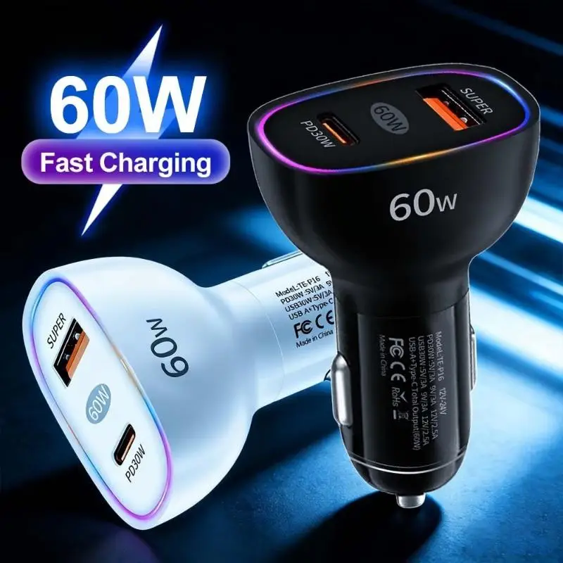 Car Charger 60W USB C Fast Charger PD30W QC3.0 Dual Port Adapter Quick Charge 3A For Mobile Phones Tablets