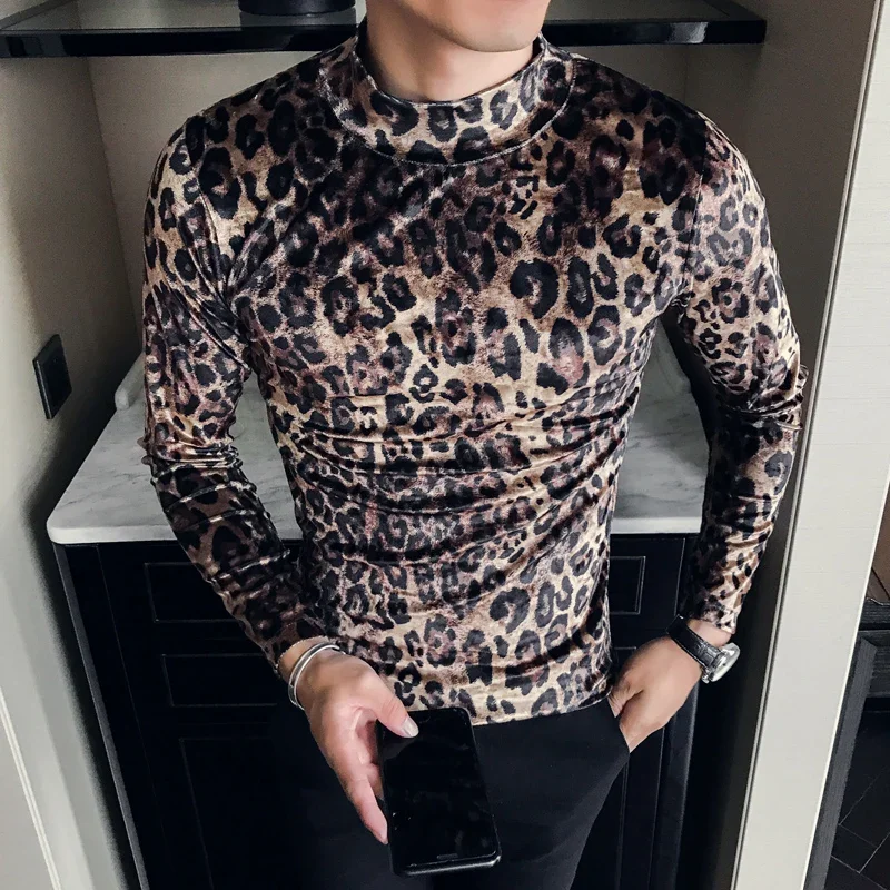 Fashion Leopard T-shirt 2024 Winter Men\'s High Quality Velvet Men\'s Tops Slim High-neck T-shirt Long Sleeve Men T-shirt Camiseta