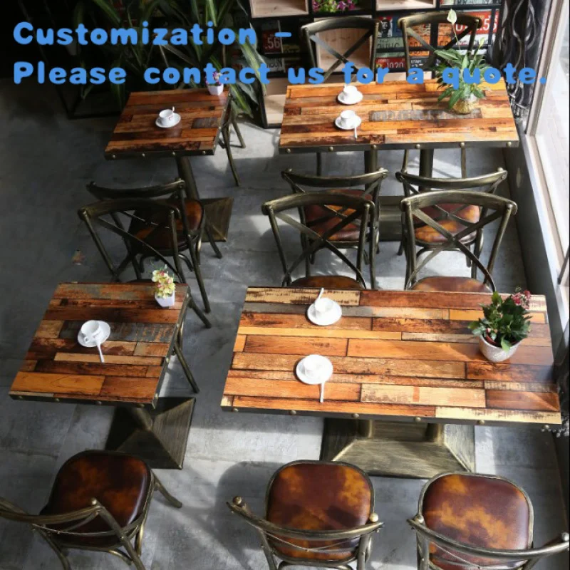 

custom.Customized Retro Industrial Fast Food Furniture Wooden Cafe Restaurant Tables and Metal Leather Chairs