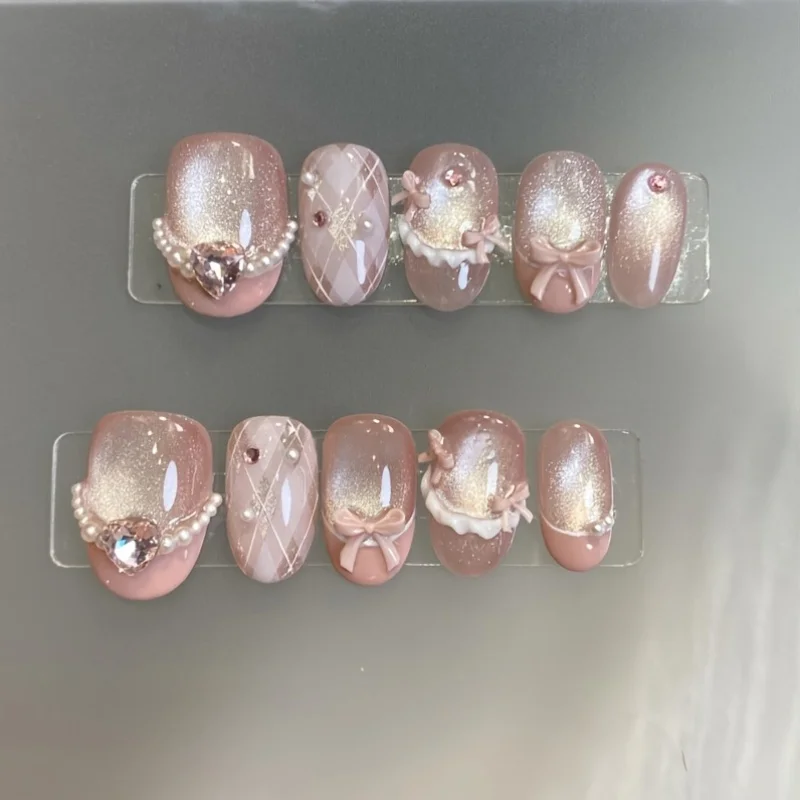 

10pcs Handmade Press on Nails Glass Beads Pink Cat's Eye Bow Full Coverage Nail Tips for Women&Girl Detachable Wearable Nail