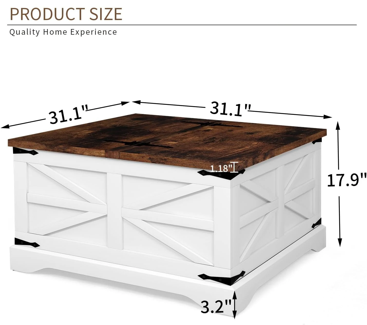 Table basse de ferme moderne, table centrale carrée en bois avec grand espace de rangement, coins métalliques, forme de Z, blanc