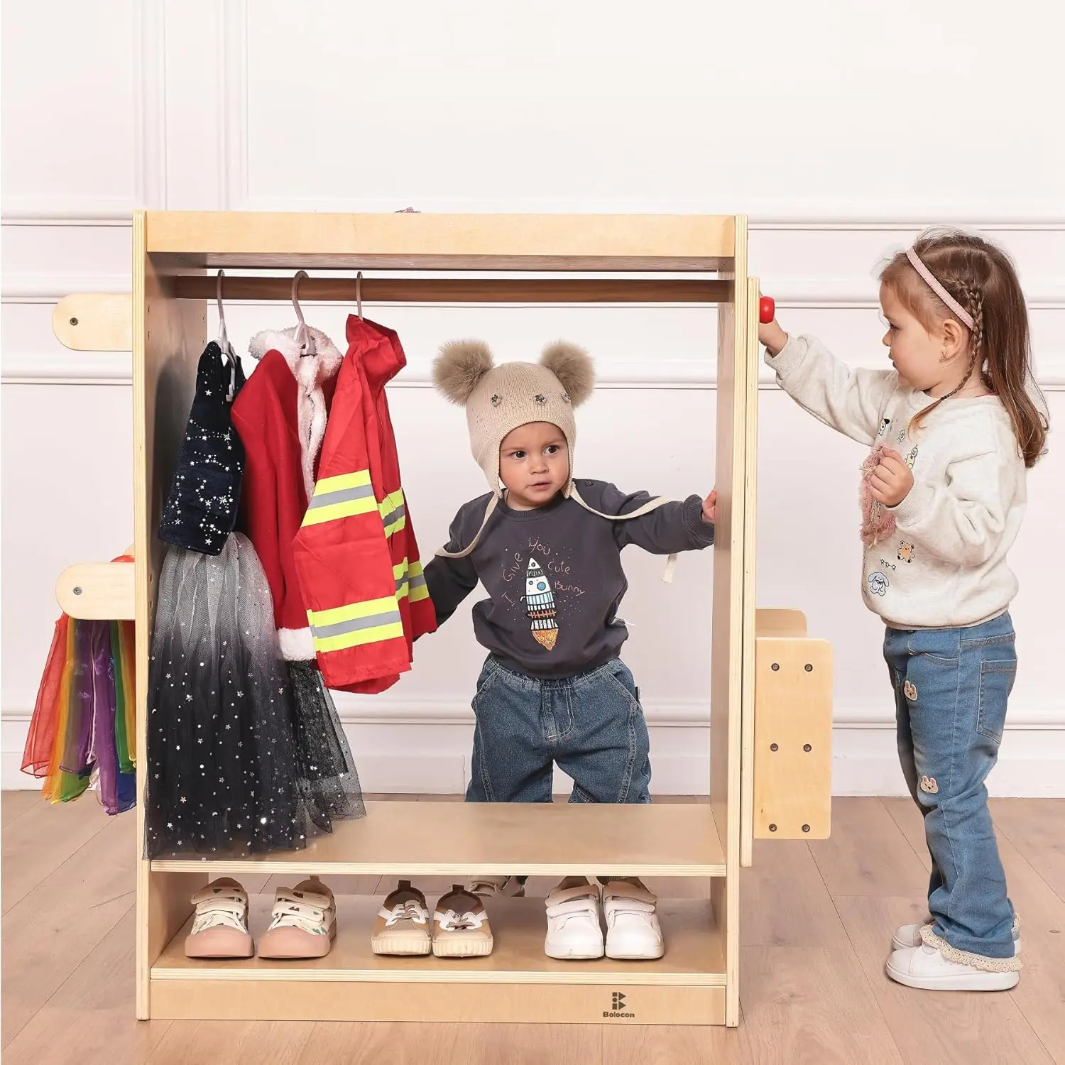 キッズドレスアップセンター 女の子/男の子ごっこ遊びクローゼット、オーガナイザー付き洋服ラックとミラーセット、コスチューム用収納棚、幼児モンテッソーリ