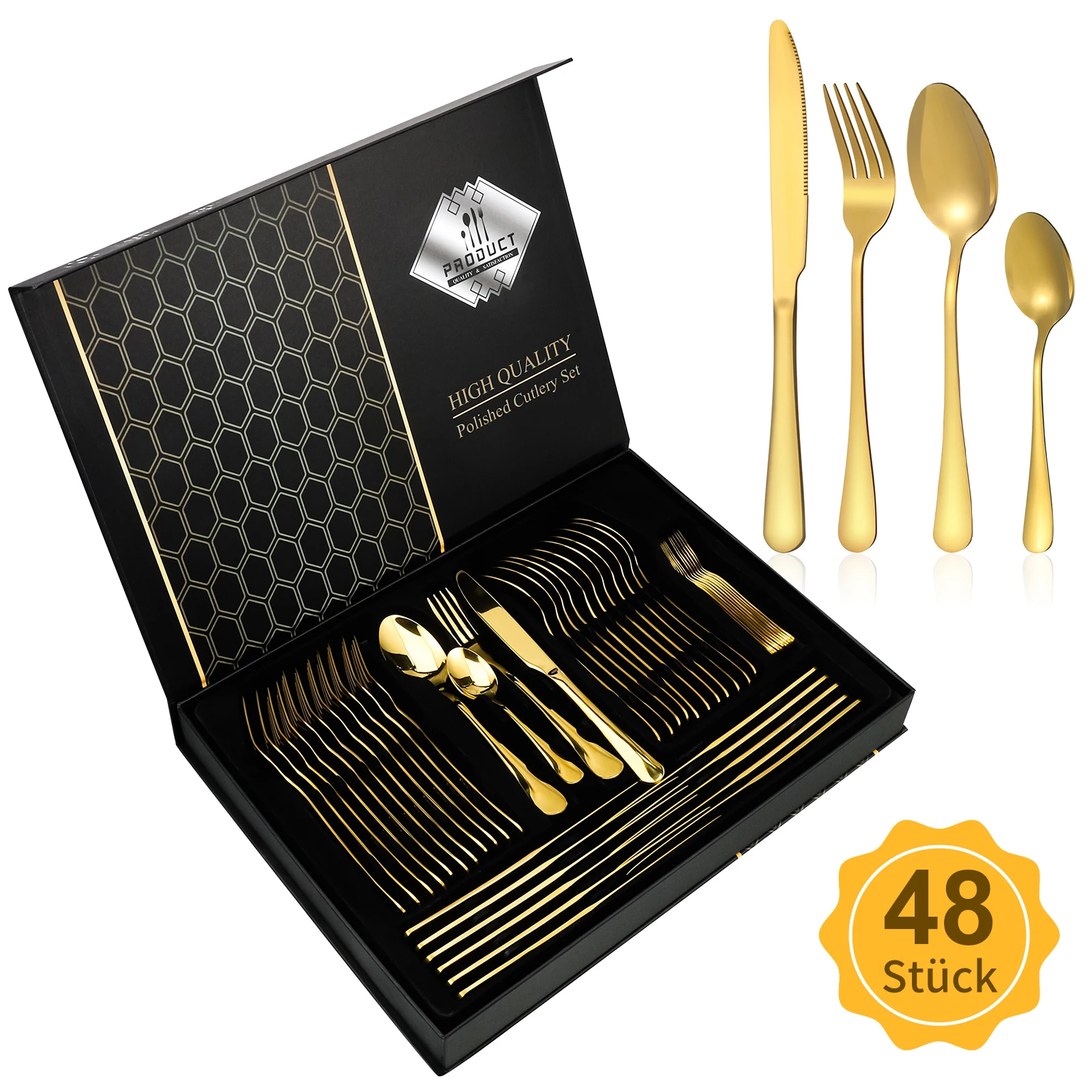 48-teiliges Besteckset für 12 Personen mit Messer Gabel Löffel, Edelstahl Essbesteck,Mit exquisiter Geschenkbox(Gold)