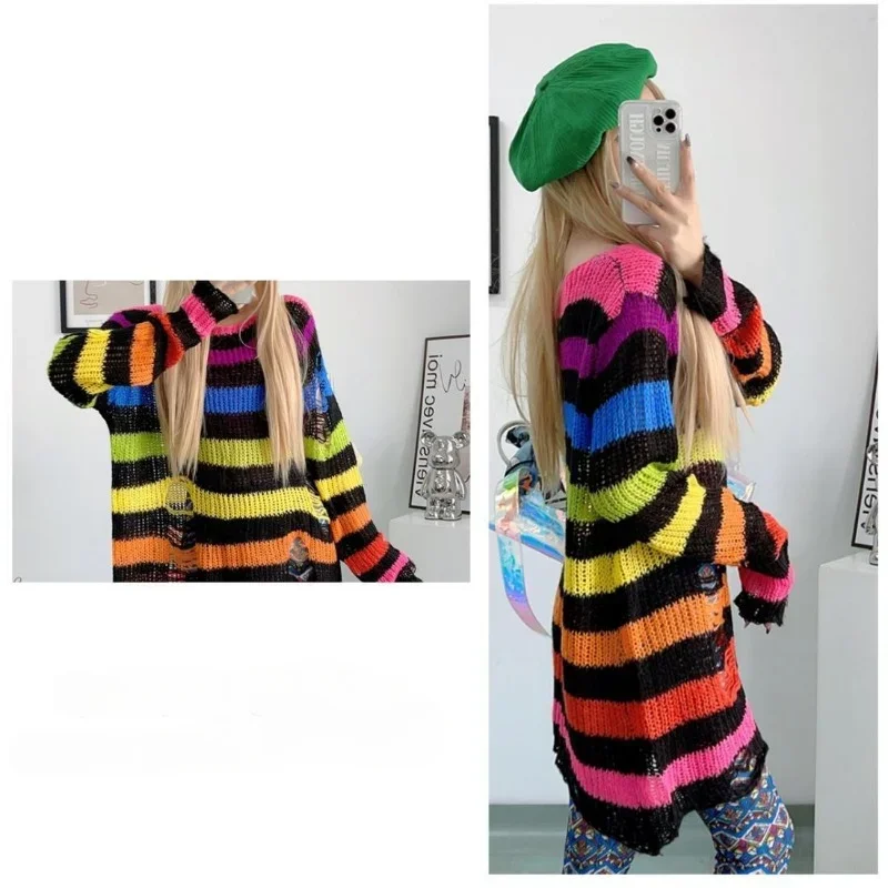 New Women Sweater Gothic Punk Striped Knitted Sweater Jumper Loose Hollow Out Female Long Pullover Mujer Harajuku Streetwear