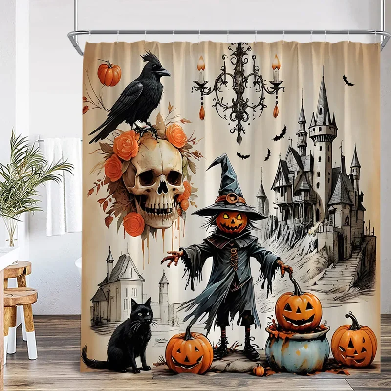 Horror Halloween Shower Curtains Pumpkin Skeleton Black Raven Cat Castle Skull Bath Curtain