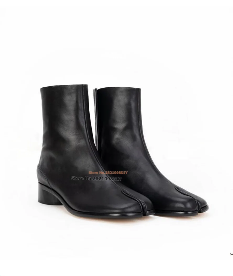 

Women's Black Leather Boots Split Toe 350mm heeled Riding Boots Guard Cavalry Short Boots 2 Toes 3.5m Low Heel Bota