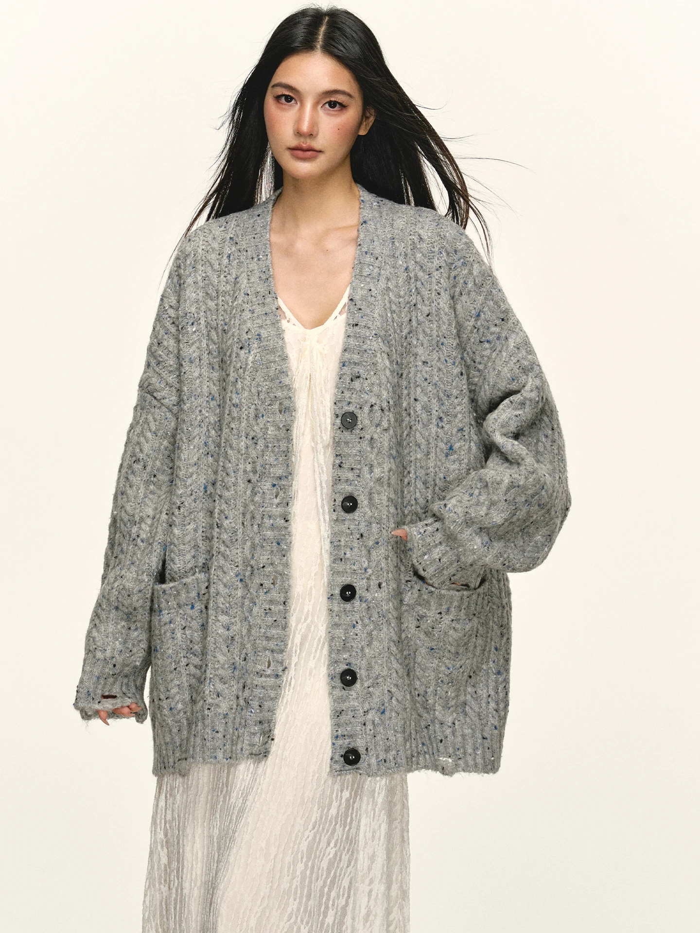 

Anna Aneae Wool Knit Cardigan Women's Autumn Winter Aosphere ey Lazy Medium Length V-Ne Long Sve Single Button Closure