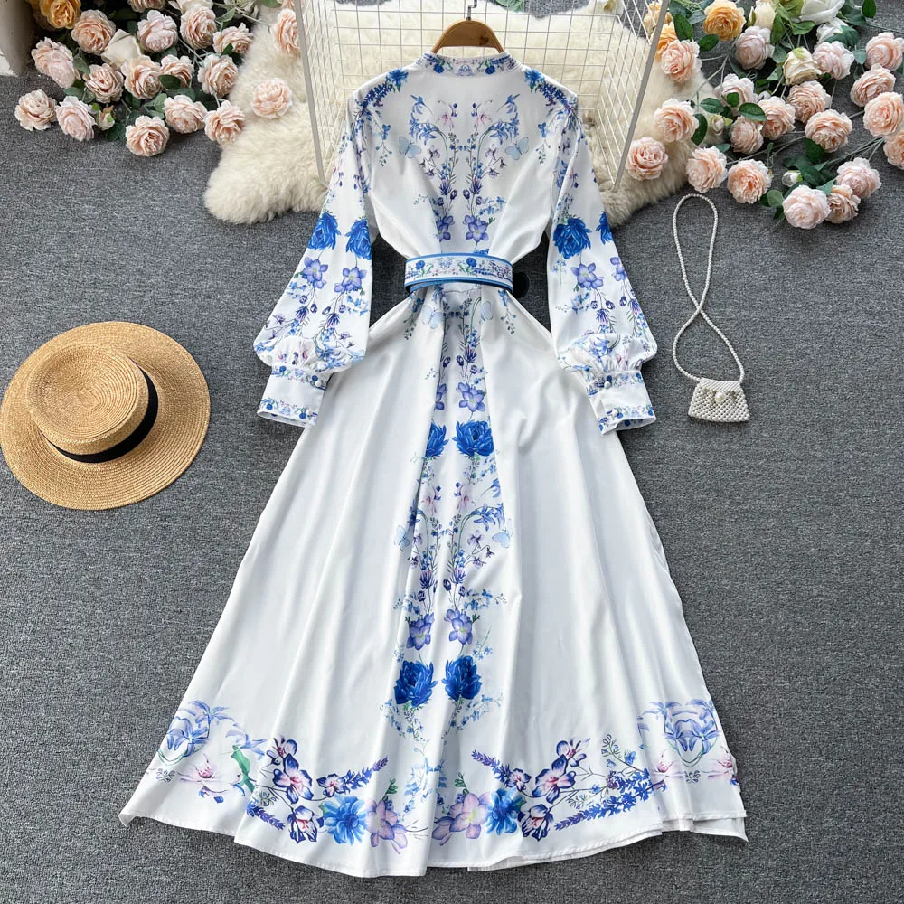 Elegant Women Dresses 2023 Tie Belt Fashion Vintage Floral Print Long Dress Front Button Up Stand Neck Long Sleeve Party Dress