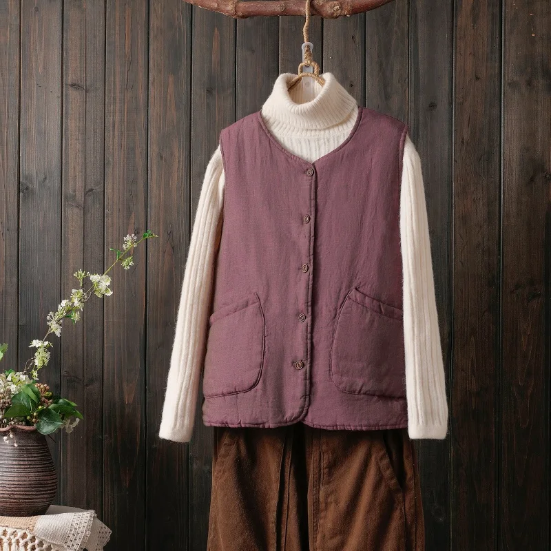 Warme Baumwoll-Jaset-Weste für Damen, künstlerisch, Vintage, reine Farbe, Herbst-Winter, lockere Passform, Strickjacke mit Knöpfen, Sle Pear Aped Body